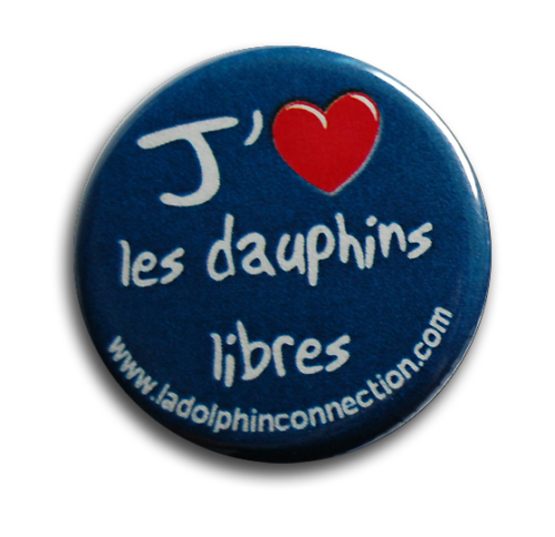 Badge bleu J'aime les dauphins libres